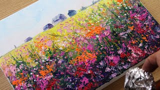 Flower fields in front of the village with painting foil / Mini painting techniques /  571