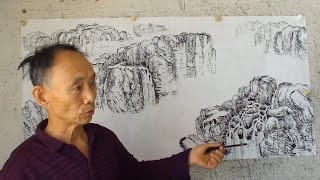 山水画《秋》吴作成老师演示讲解山的勾画与布局