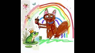 Squirrel holding an acorn with a rainbow in the sky and a frog wearing a crown #kidscreativity