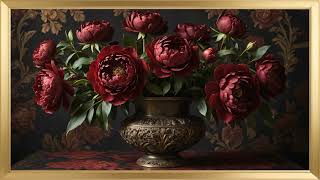 Luxurious Red Peonies in Gold Vase | Romantic Elegance in 4K