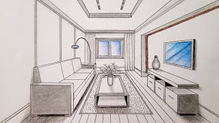 How to draw a living room in one point perspective, time lapse