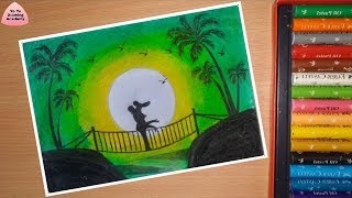 Couple on Bridge Scenery Drawing with Oil Pastels Step by Step very easy