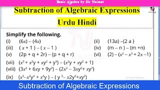 How to Subtract Algebraic Expressions Class 7th || Urdu Hindi || Algebra by Sir Naimat