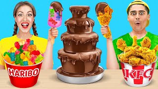 Chocolate Fountain Fondue Challenge! Candy Battle \u0026 Weird Food Combination by 123 GO!