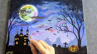 Halloween moon night acrylic painting tutorial for beginners #121