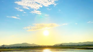 田舎の水田に映る夕日の道