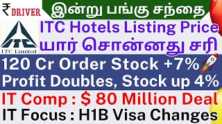 ITC Hotels listing price | Tamil share market news | H1B Visa Changes | TVS Motor | Suzlon Energy