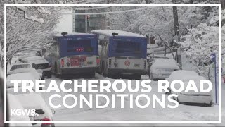 TriMet riders navigate through Portland snow