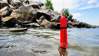 BOBBER Fishing a ROCK BANK!! (I almost lost a rod!)