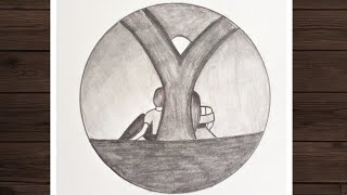 رسم سهل | تعليم رسم بنت و ولد يجلسان تحت الشجرة بقلم الرصاص للمبتدئين