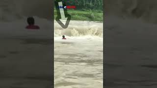 Aksi heroik seorang  menyelamatkan  bocah yang hanyut terbawa arus Sungai Cipamingkis  Bogor.