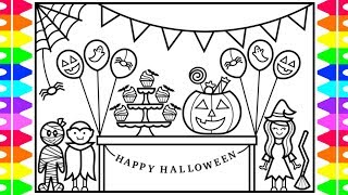 How to Draw a Halloween Party for Kids 🎃👻💜🖤💚Halloween Party Drawing and Coloring Pages for Kids