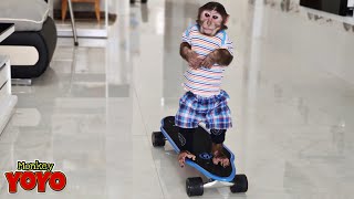 YoYo JR skateboards over obstacles
