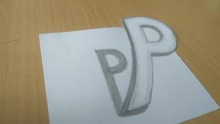 Drawing 3D letter P-trick art on paper with pencil sketch