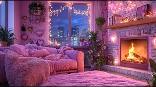 Relaxing Lofi Hip-Hop 💕 Dreamy Pink City Loft \u0026 Cozy Valentine’s Fireplace