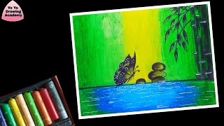 Magical Glowing Butterfly Scenery / Easy Butterfly Scenery Drawing With Oil Pastels for Beginners