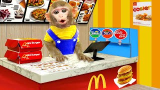 Baby Monkey KiKi goes to buy fast food at supermarket and eat yummy with puppy | KUDO ANIMAL KIKI