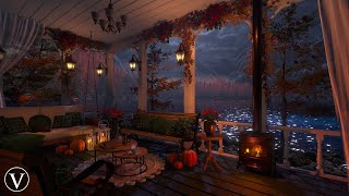 Autumn Porch Night Ambience | Calm Lakeshore, Firepit & Forest Nature Sounds