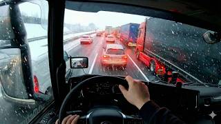 Stuck in Traffic on Germany’s A3 Highway | Truck Driver POV in Light Snow