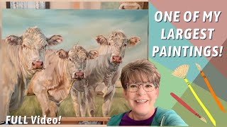 PAINTING ON LARGE CANVAS! 3 Cows with Landscape! By: Annie Troe