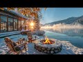 escape to a winter wonderland lakeside serenity with crackling fire pit. relaxing nature sounds