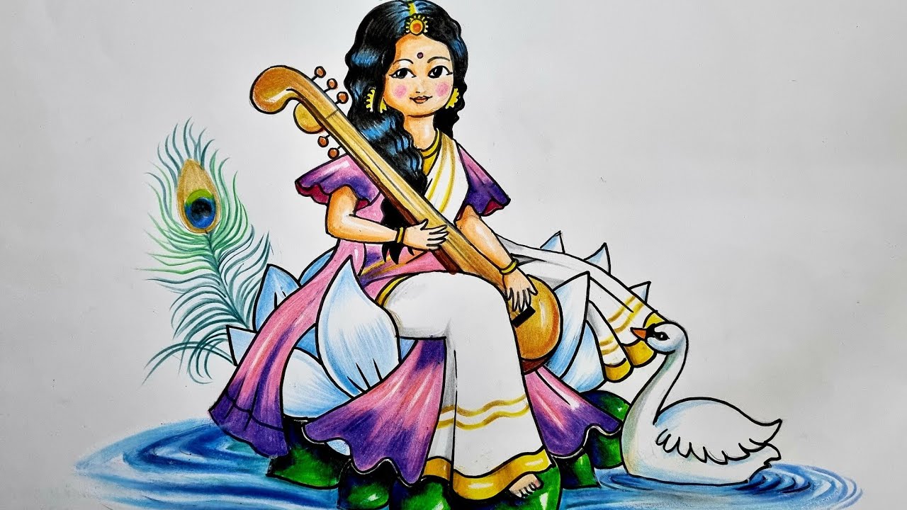 HOW TO DRAW SARASWATI DRAWING WITH STEP BY STEP FOR KIDS / EASY ...