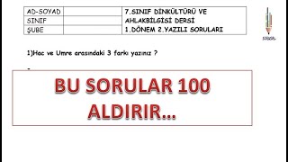 7.SINIF DİNKÜLTÜRÜ VE AHLAK BİLGİSİ 1.DÖNEM 2.YAZILI