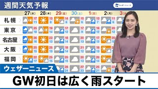 【週間天気予報】GW初日は広く雨スタート 天気は周期的に変化