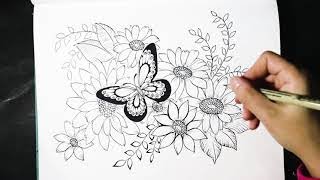 #Sara画室/82/画花卉和蝴蝶/zentangle drawing/ flower butterfly drawing/画蝴蝶和花/手绘/画画教程/Sara公开课/画/手绘/画/手繪/畫