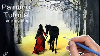 LADY in RED Painting Tutorial. How to Paint Misty Forest WOMAN & HORSE
