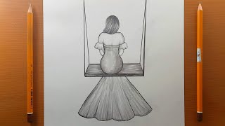 Un modo semplice per disegnare una ragazza con la schiena seduta su un'altalena passo dopo passo