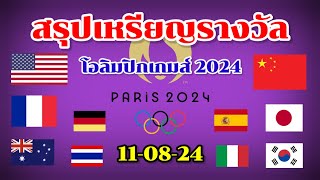 สรุปเหรียญโอลิมปิก 2024 |ล่าสุด 06.00 | 11-08-24 | ไทย 1 ทอง | จีน นำ |