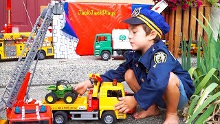 Big Toy Trucks Surprise Unboxing by Police 2! Bruder Fire Engines, Garbage Trucks | JackJackPlays