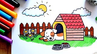 HOW TO DRAW a Puppy sleeping in a Dog house - Coloring with Markers