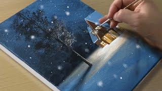 Painting a Snowy Winter Night / Acrylic Painting for Beginners
