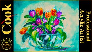 Glass Vase with Colorful Tulips an Easy Step by Step Acrylic Painting Tutorial for Beginners