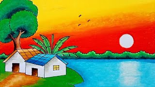 របៀបគូរគំនូរទេសភាពងាយៗ How to draw easy sunset scenery for beginners