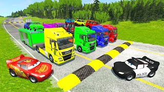 Quadruple Trucks Transporting cars with Flatbed Trailers | Cars vs Speedbump vs Train vs Pothole