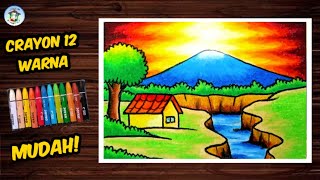 Cara Menggambar Pemandangan Alam dengan Crayon Oil Pastel 12 Warna