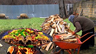 Traditional Azerbaijani Cuisine Sadjichi in the Village