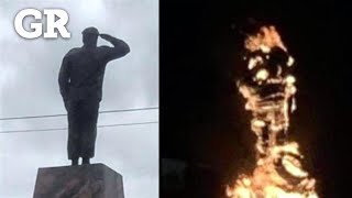 Queman estatua de Chávez en Venezuela