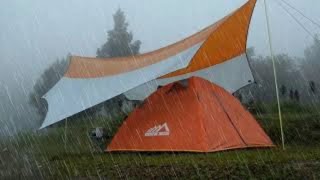 SOLO CAMPING IN HEAVY RAIN, strong rainstorm, soothing rain sound (ASMR)