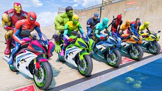 Spiderman Motorcycles with Superheroes - Maze Pathway Bridge - Stunt Parkour