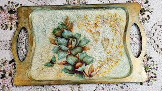 Декор подноса. Декупаж, кракелюр, лак эпоксидный двухкомпонентный.Tray decor. Decoupage, craquelure.