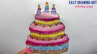 birthday cake drawing & coloring page || how to draw 3 layer beautiful birthday cake for kids