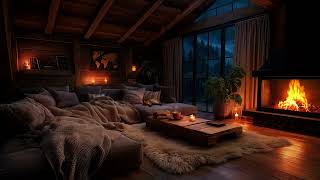 Rainy Night in a Cozy Cabin | Crackling Fireplace, Sleeping Cat & Mountain View
