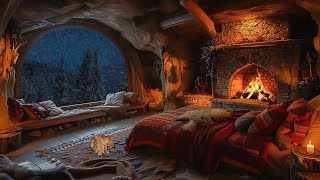 Unwind During a Snowstorm Night | Cozy Cave Fireplace Sounds & Calming Snow ASMR for Deep Relaxation