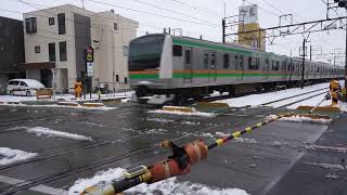 雪模様＠土呂駅（E233＋E231系東大宮操車場回送、宇都宮線E233系、EF210牽引貨物）