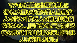 【感動する話】マンモス病院に出張診察しに行くと大雨の中庭で美人患者が1人でポツン「貧乏人の難病は治療できないと…」目を赤くし声震わせる彼女見て俺は自病院の天才医師5人呼び出した結果【泣ける話】