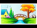 how to draw scenery drawing river and bridge scenery _ oil pastels drawing